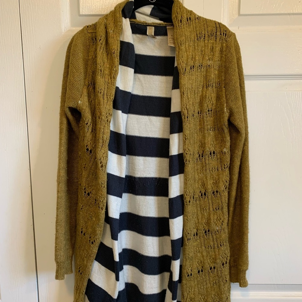 BKE olive green with navy blue and white liner open‎ cardigan